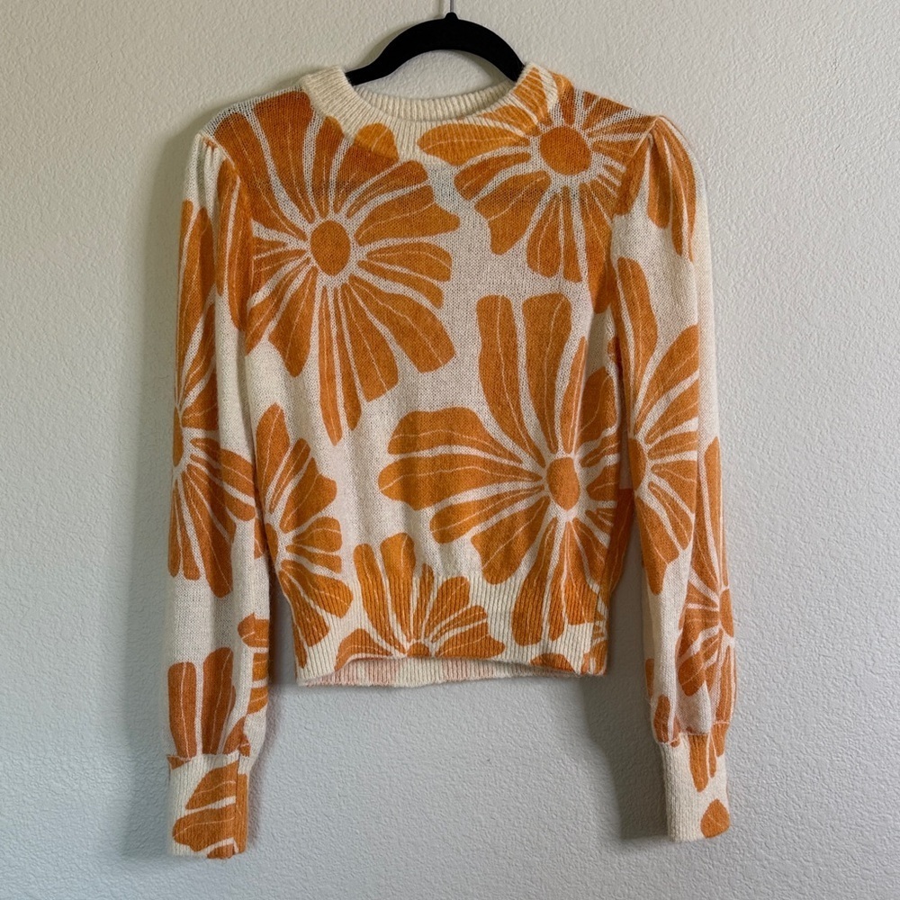 Marine Layer Alma printed puff sleeve sweater women’s XS orange flowers